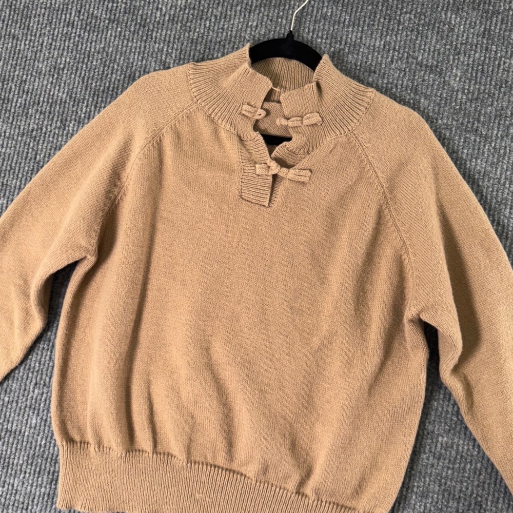 Womens Knit Sweater Tan Brown Mock Neck Pullover Long Sleeve Minimalist‎ Cozy